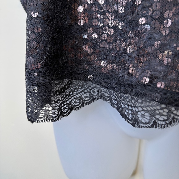 Joie | Addison Caviar Sequin Mesh Lace Cap Sleeves Cropped Fit Glam Boxy Blouse - Picture 8 of 15